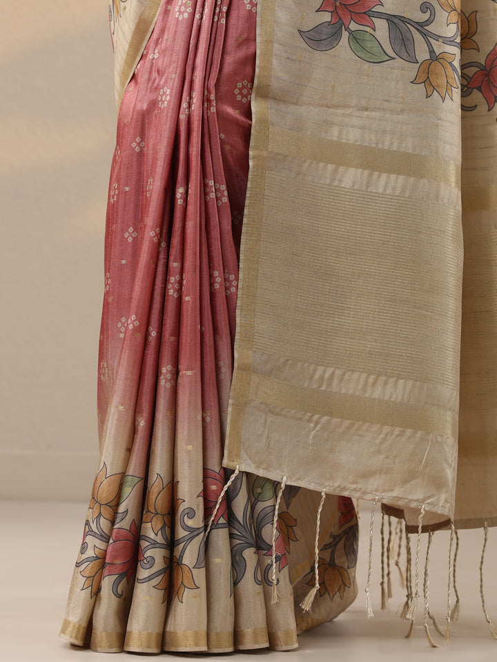 Peach Printed Silk Blend Sarees With Unstitched Blouse Piece