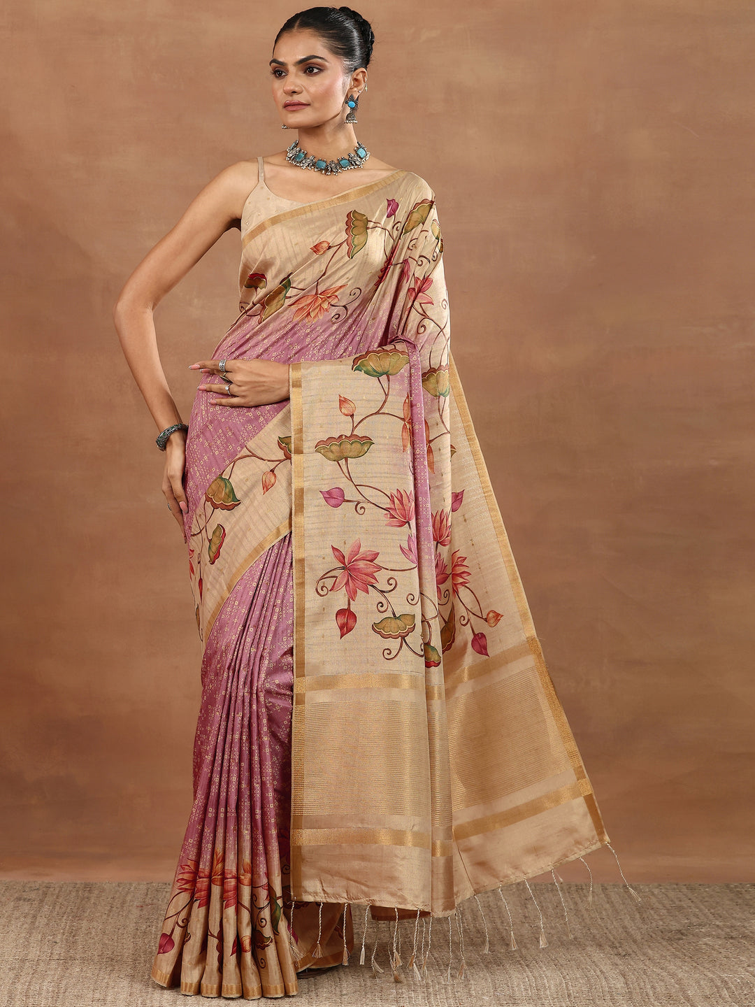 Pink Printed Silk Blend Sarees With Unstitched Blouse Piece