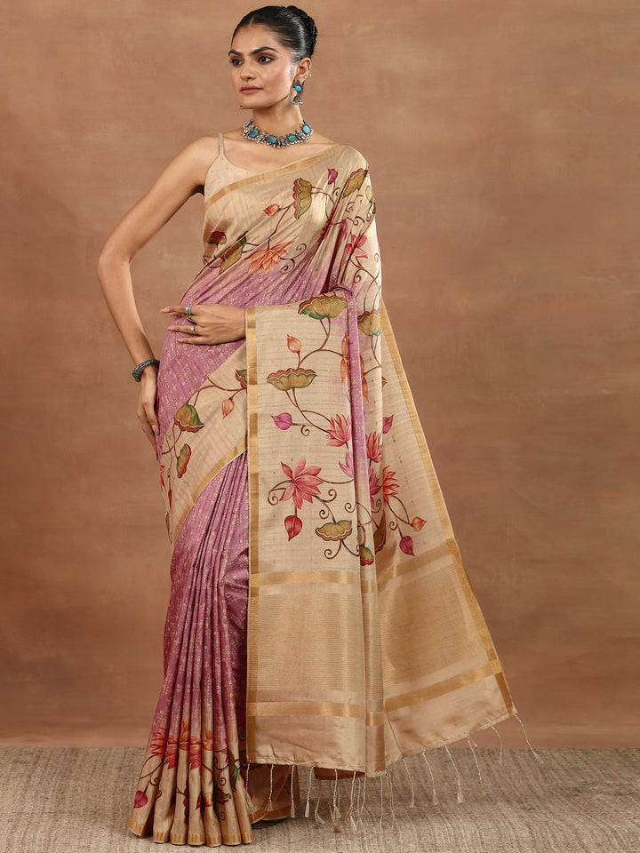 Pink Printed Silk Blend Sarees With Unstitched Blouse Piece