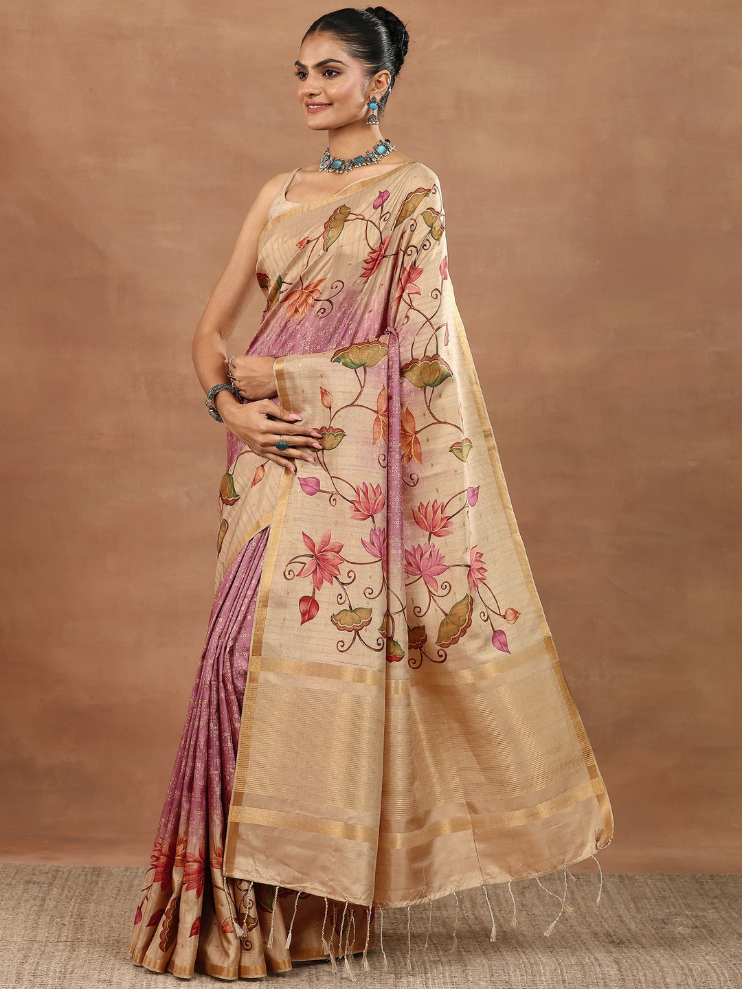 Pink Printed Silk Blend Sarees With Unstitched Blouse Piece