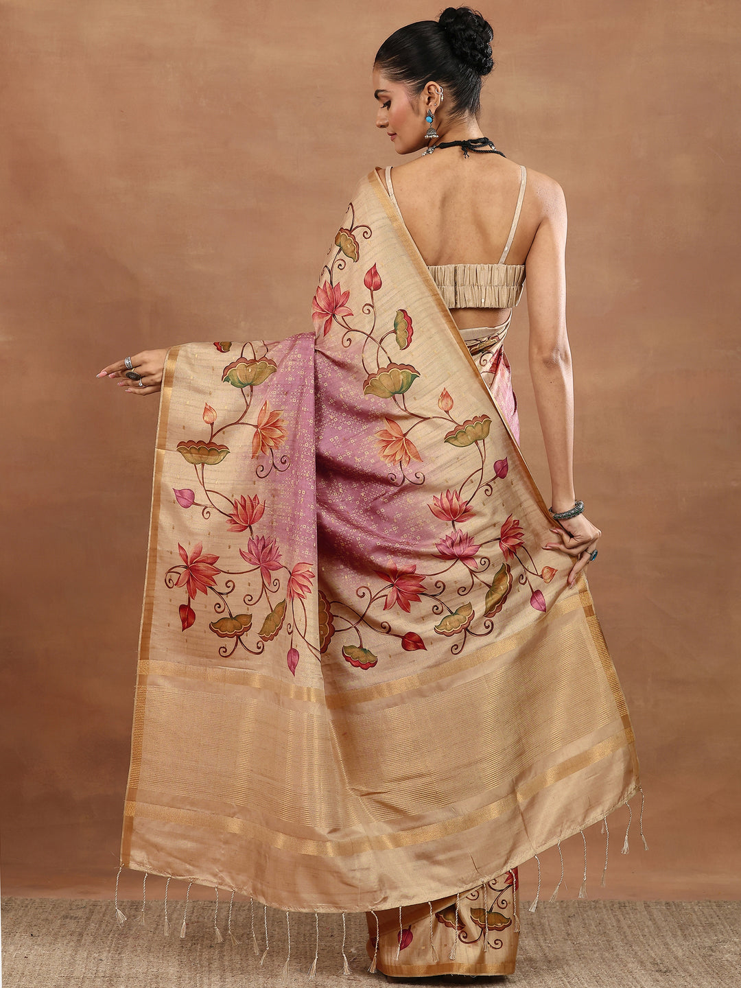 Pink Printed Silk Blend Sarees With Unstitched Blouse Piece