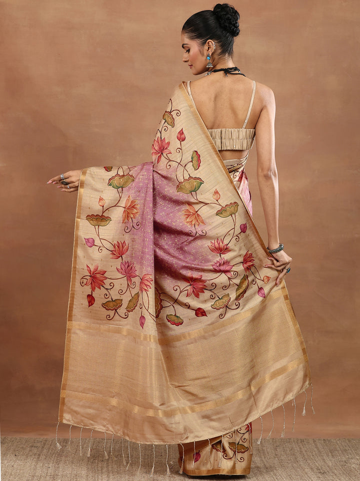 Pink Printed Silk Blend Sarees With Unstitched Blouse Piece
