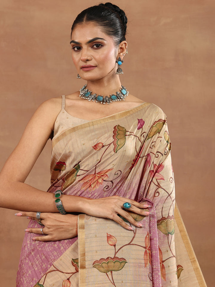 Pink Printed Silk Blend Sarees With Unstitched Blouse Piece