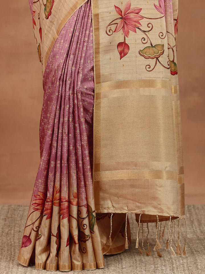 Pink Printed Silk Blend Sarees With Unstitched Blouse Piece