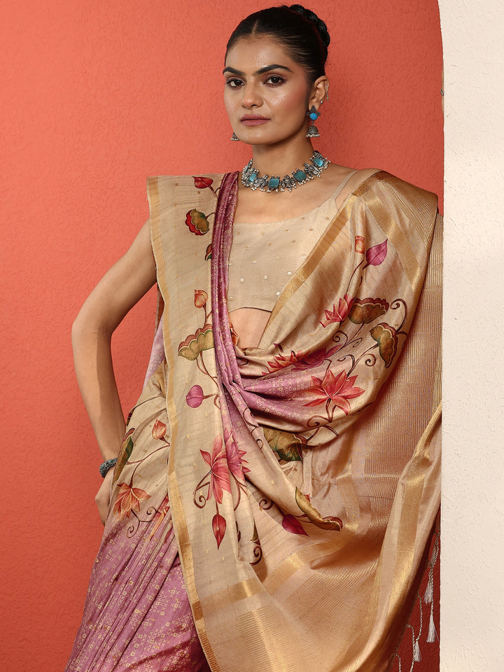 Pink Printed Silk Blend Sarees With Unstitched Blouse Piece