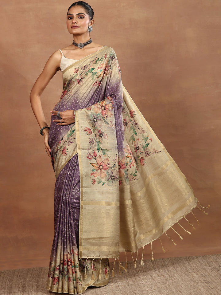 Purple Printed Silk Blend Sarees With Unstitched Blouse Piece