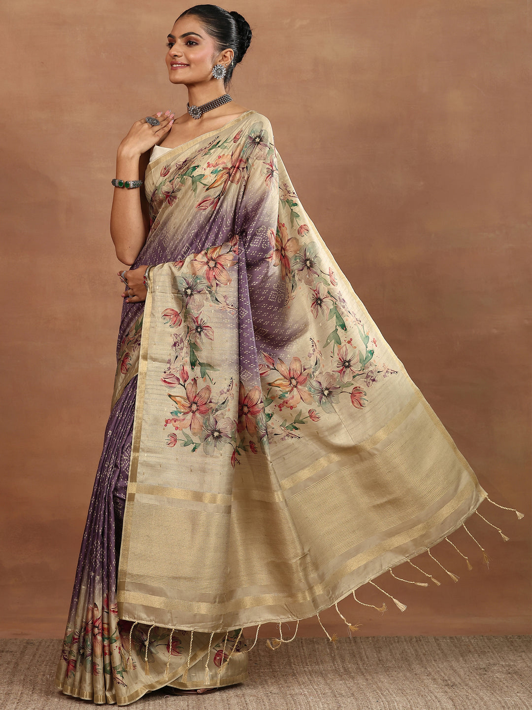 Purple Printed Silk Blend Sarees With Unstitched Blouse Piece