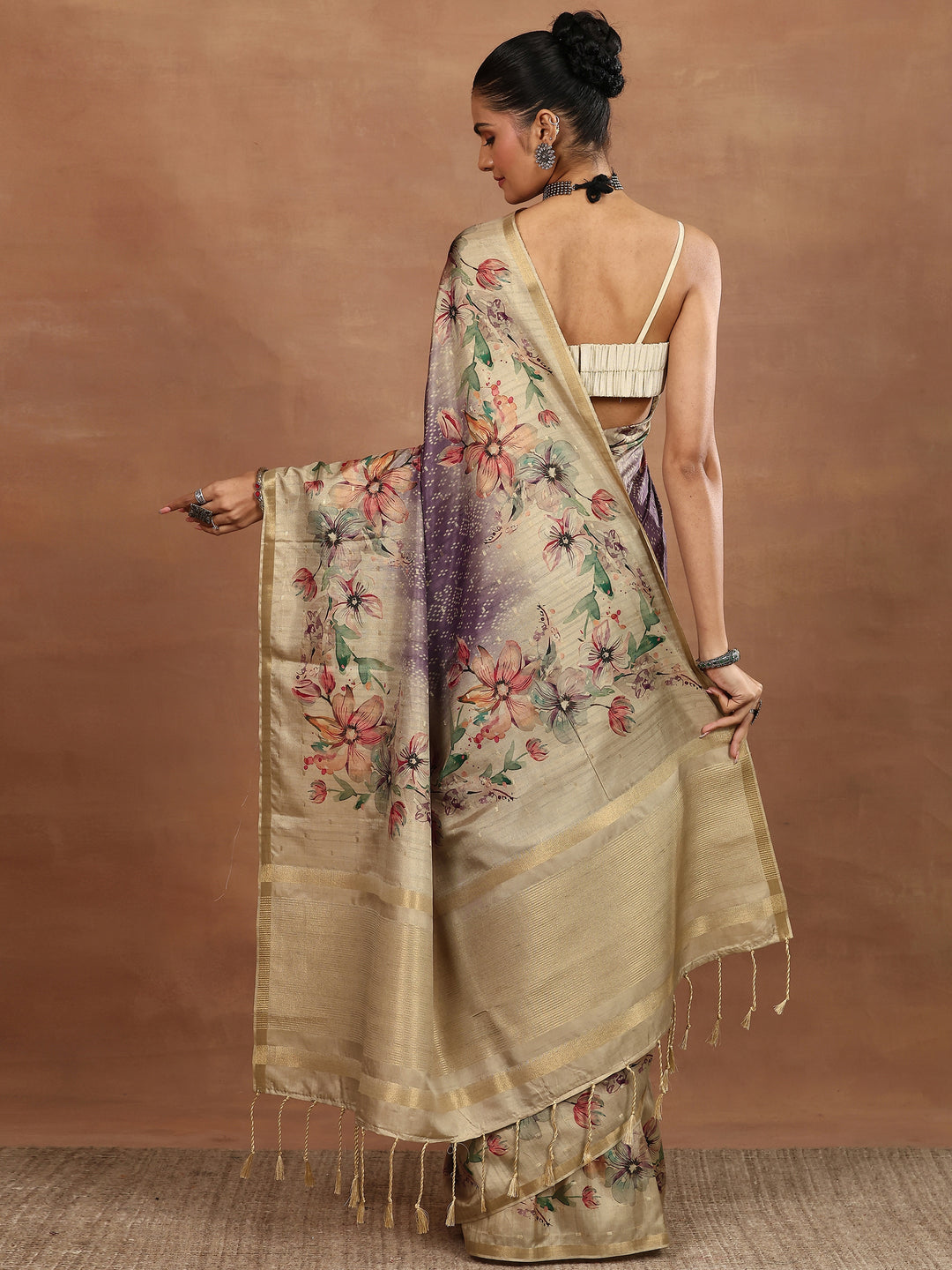 Purple Printed Silk Blend Sarees With Unstitched Blouse Piece