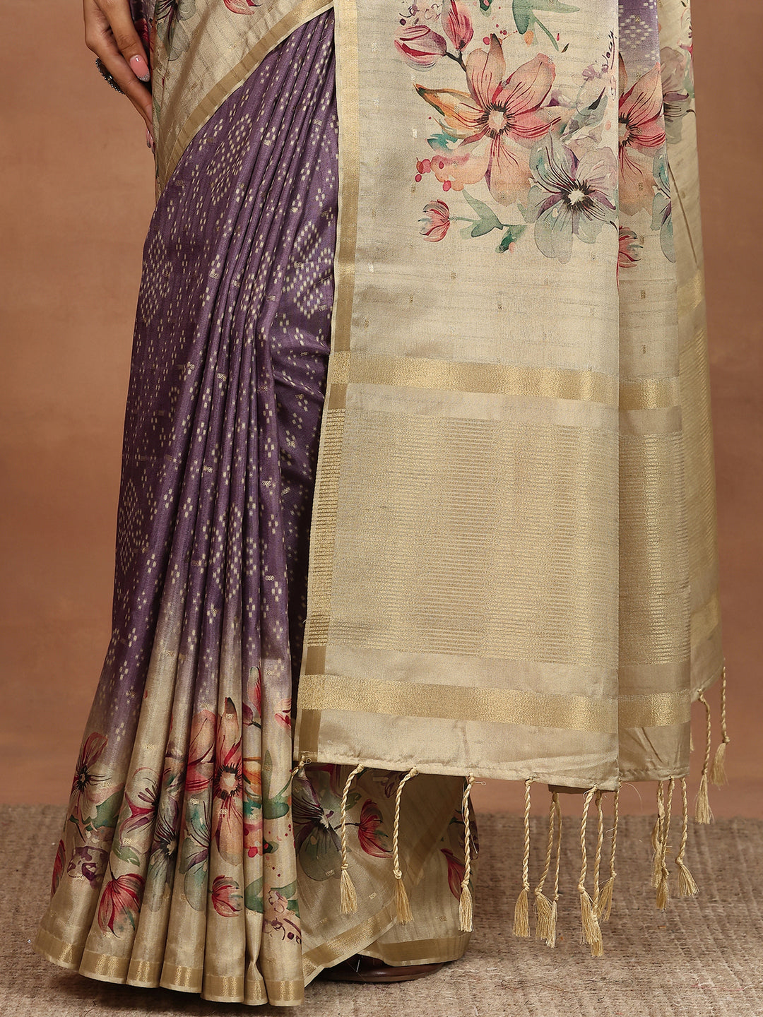 Purple Printed Silk Blend Sarees With Unstitched Blouse Piece