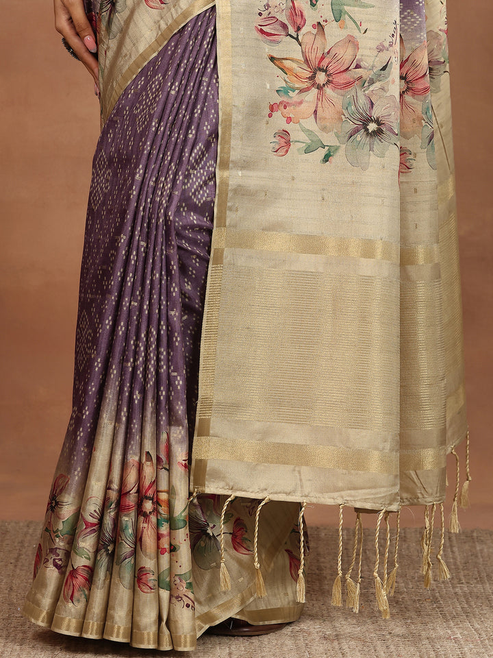 Purple Printed Silk Blend Sarees With Unstitched Blouse Piece