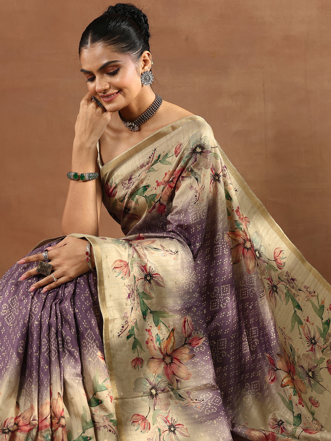 Purple Printed Silk Blend Sarees With Unstitched Blouse Piece
