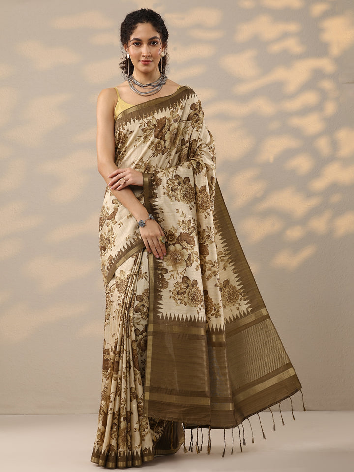 Beige Printed Silk Blend Saree With Unstitched Blouse Piece