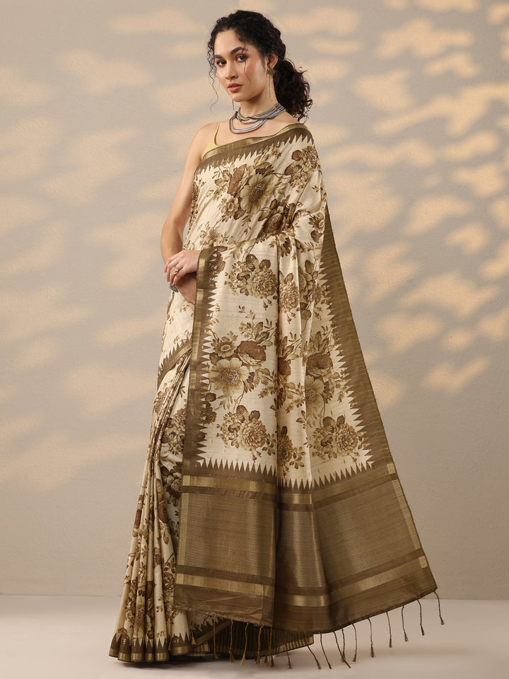 Beige Printed Silk Blend Saree With Unstitched Blouse Piece