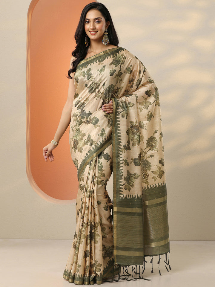 Green Printed Silk Blend Saree With Unstitched Blouse Piece