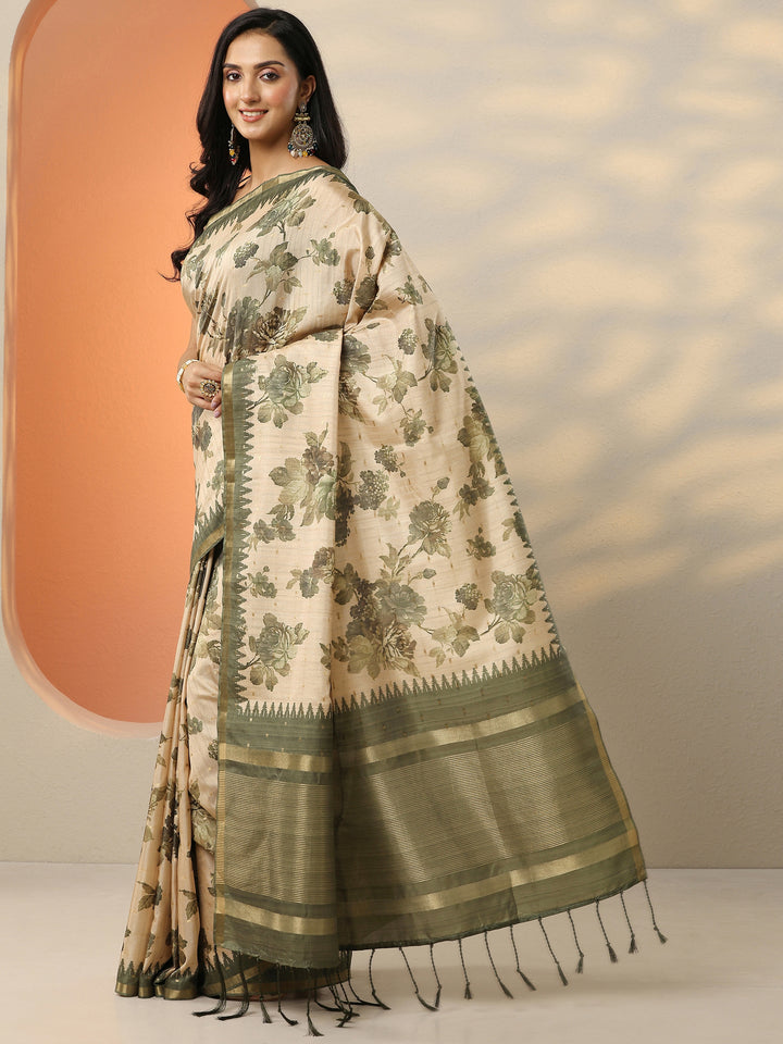 Green Printed Silk Blend Saree With Unstitched Blouse Piece