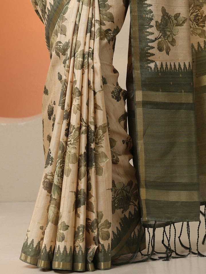 Green Printed Silk Blend Saree With Unstitched Blouse Piece
