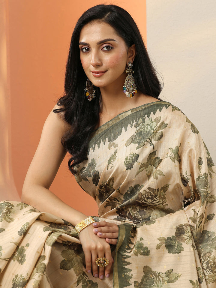 Green Printed Silk Blend Saree With Unstitched Blouse Piece