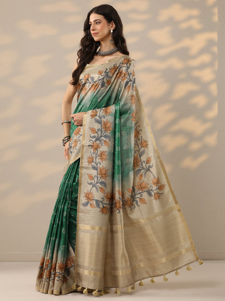 Green Printed Silk Blend Saree With Unstitched Blouse Piece
