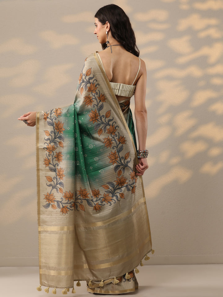 Green Printed Silk Blend Saree With Unstitched Blouse Piece