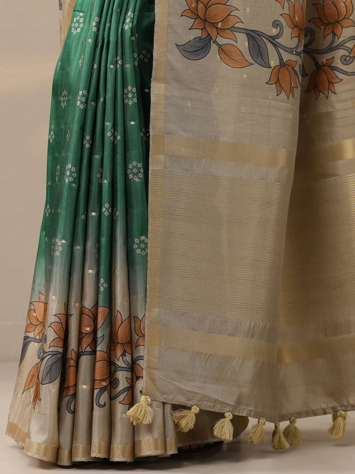 Green Printed Silk Blend Saree With Unstitched Blouse Piece