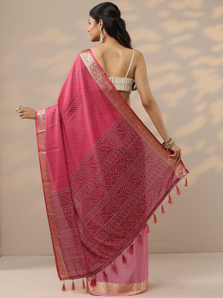 Pink Bandhani Printed Silk Blend Saree With Unstitched Blouse Piece