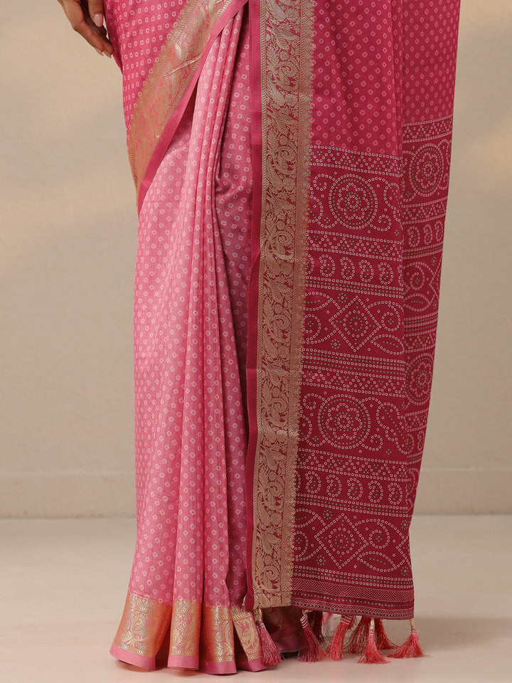 Pink Bandhani Printed Silk Blend Saree With Unstitched Blouse Piece
