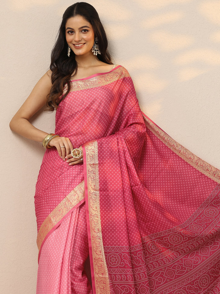 Pink Bandhani Printed Silk Blend Saree With Unstitched Blouse Piece