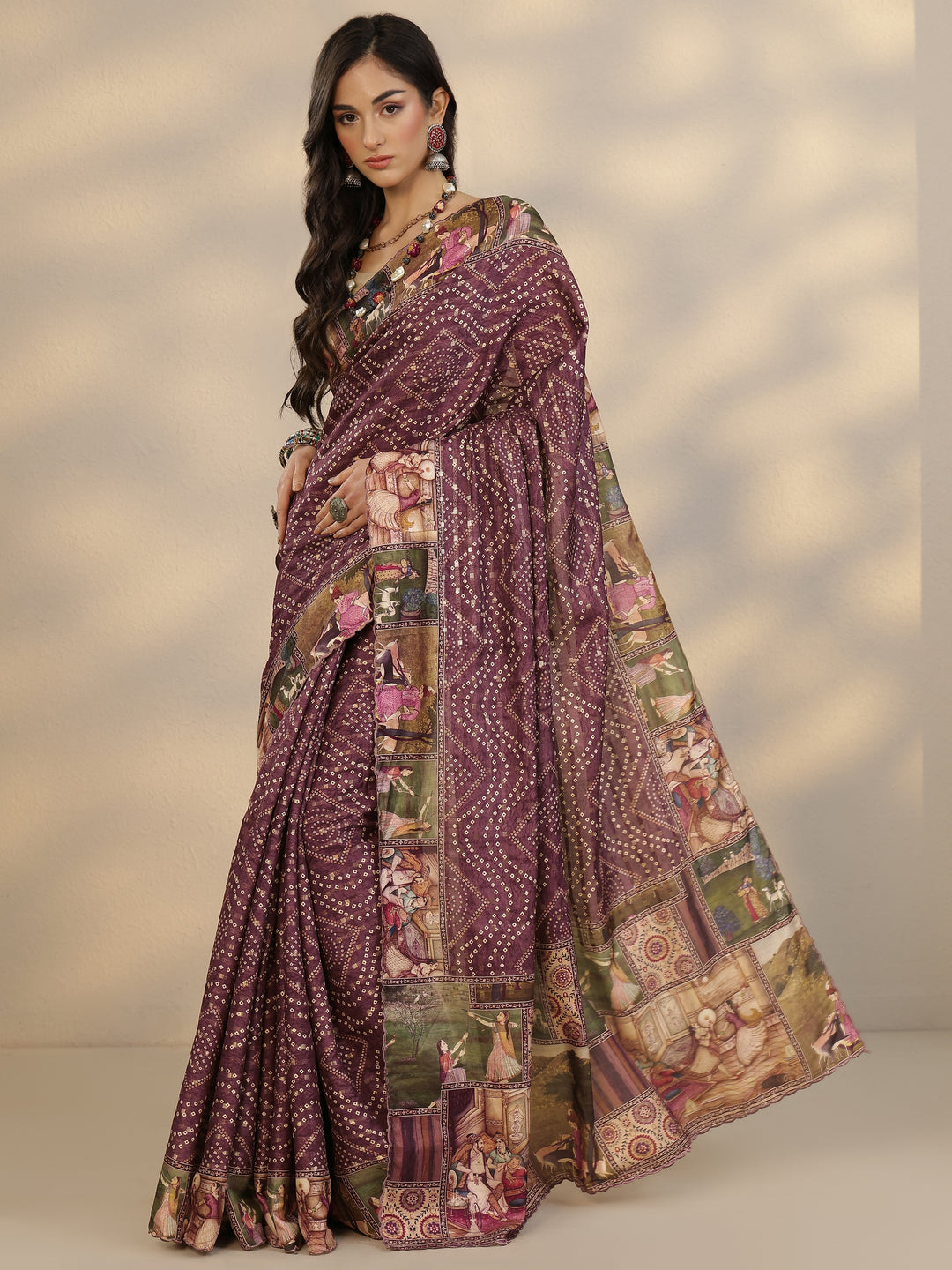 Maroon Bandhani Printed Silk Blend Saree With Unstitched Blouse Piece