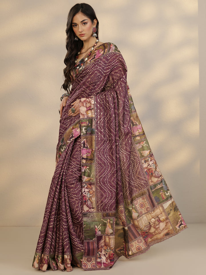 Maroon Bandhani Printed Silk Blend Saree With Unstitched Blouse Piece
