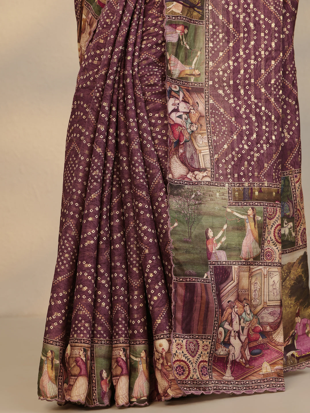 Maroon Bandhani Printed Silk Blend Saree With Unstitched Blouse Piece