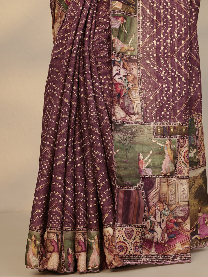 Maroon Bandhani Printed Silk Blend Saree With Unstitched Blouse Piece
