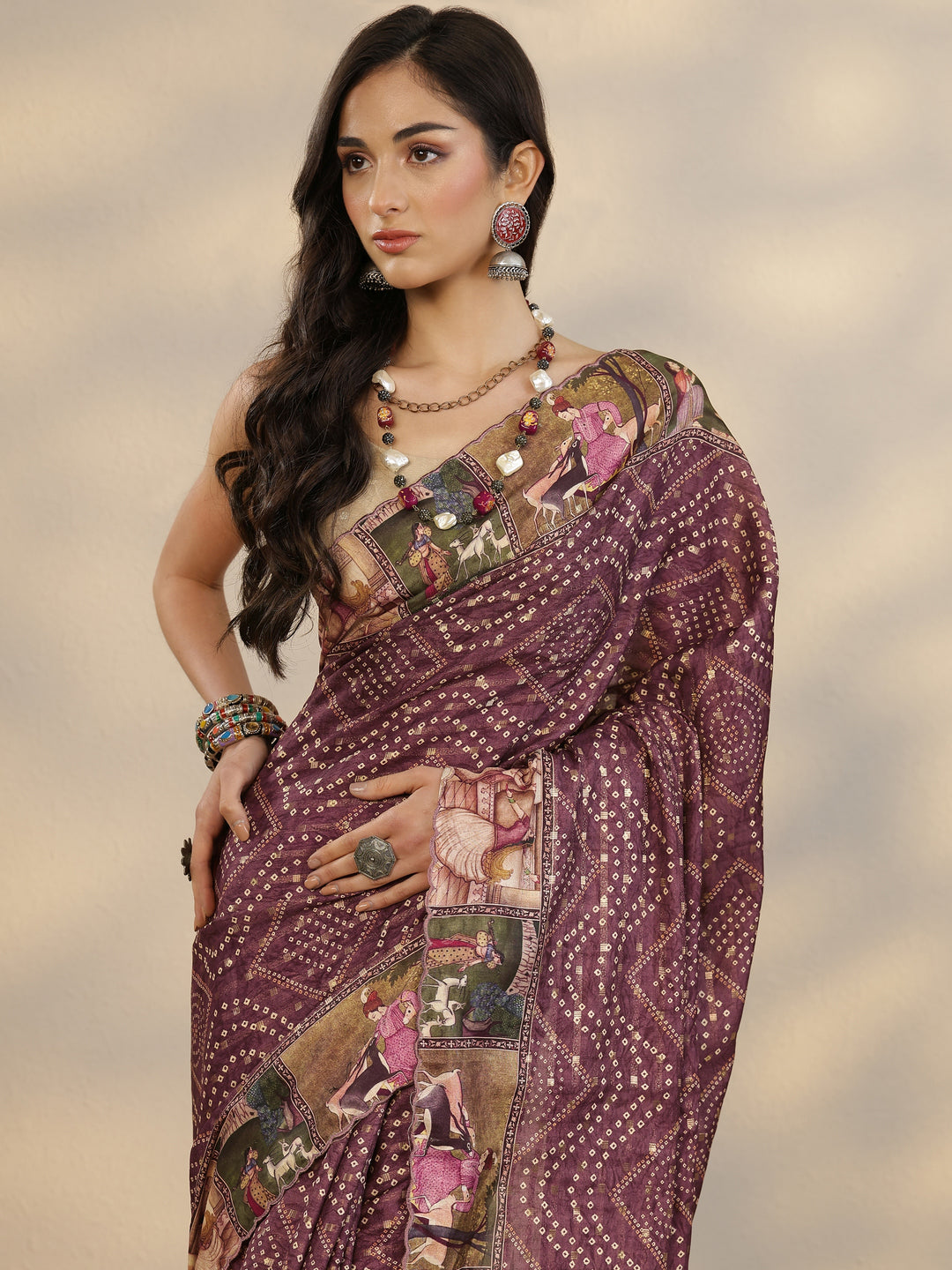 Maroon Bandhani Printed Silk Blend Saree With Unstitched Blouse Piece