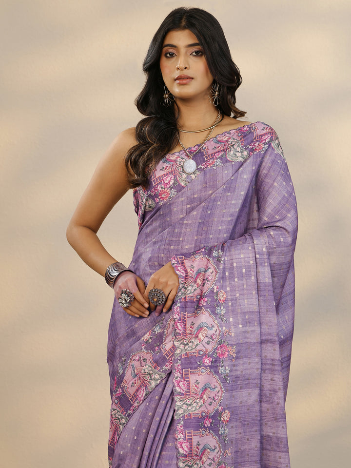 Purple Woven Design Silk Blend Saree With Unstitched Blouse Piece