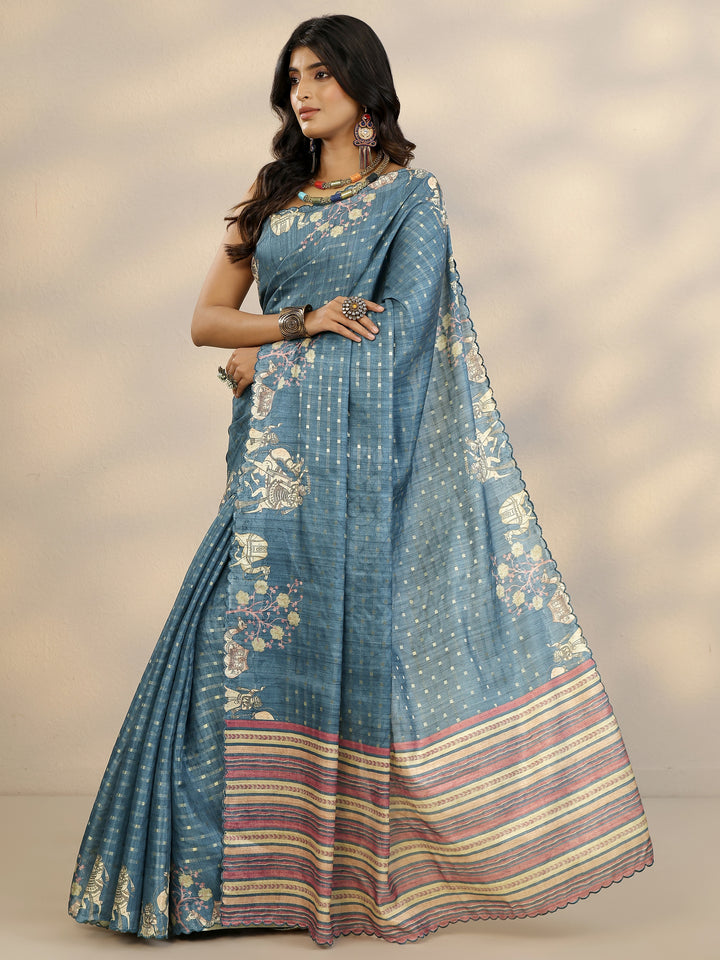 Blue Woven Design Silk Blend Saree With Unstitched Blouse Piece