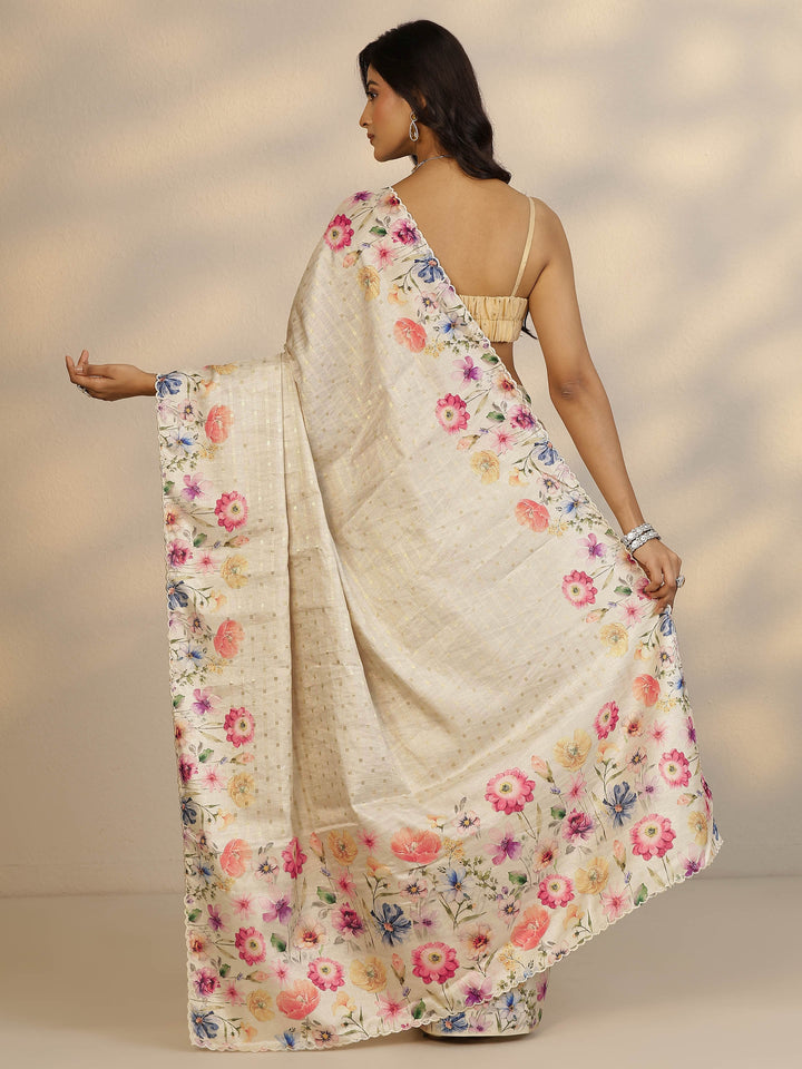 Cream Woven Design Silk Blend Saree With Unstitched Blouse Piece