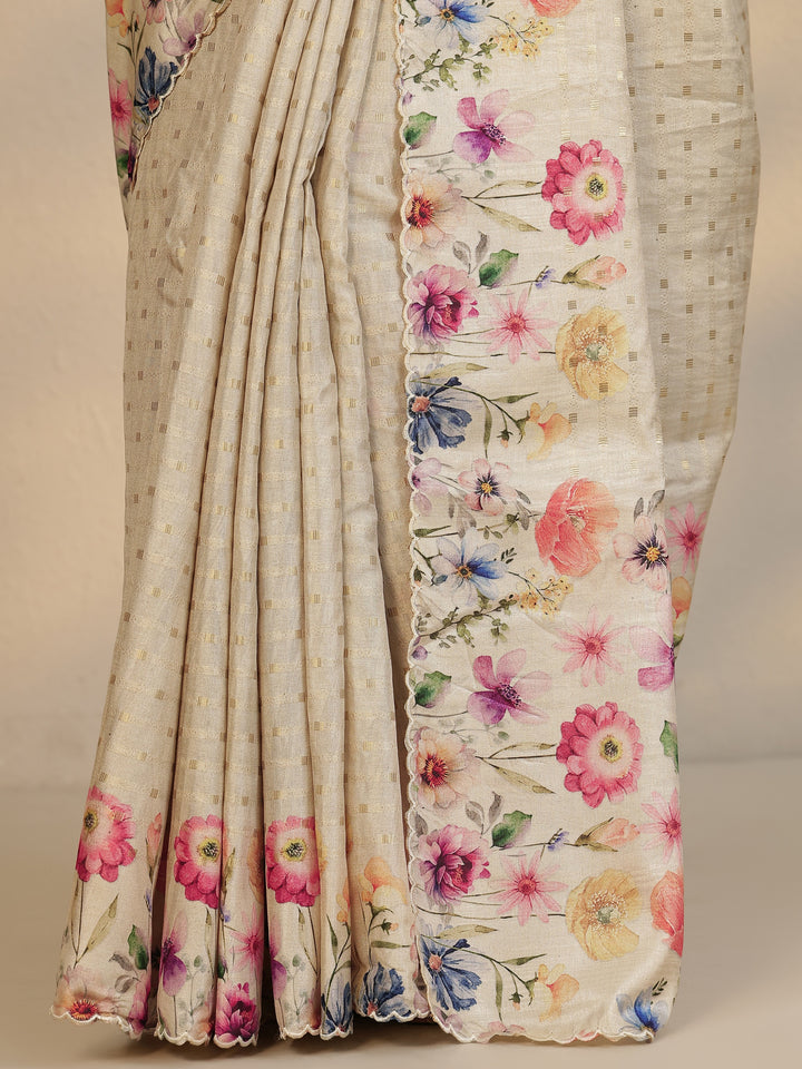 Cream Woven Design Silk Blend Saree With Unstitched Blouse Piece