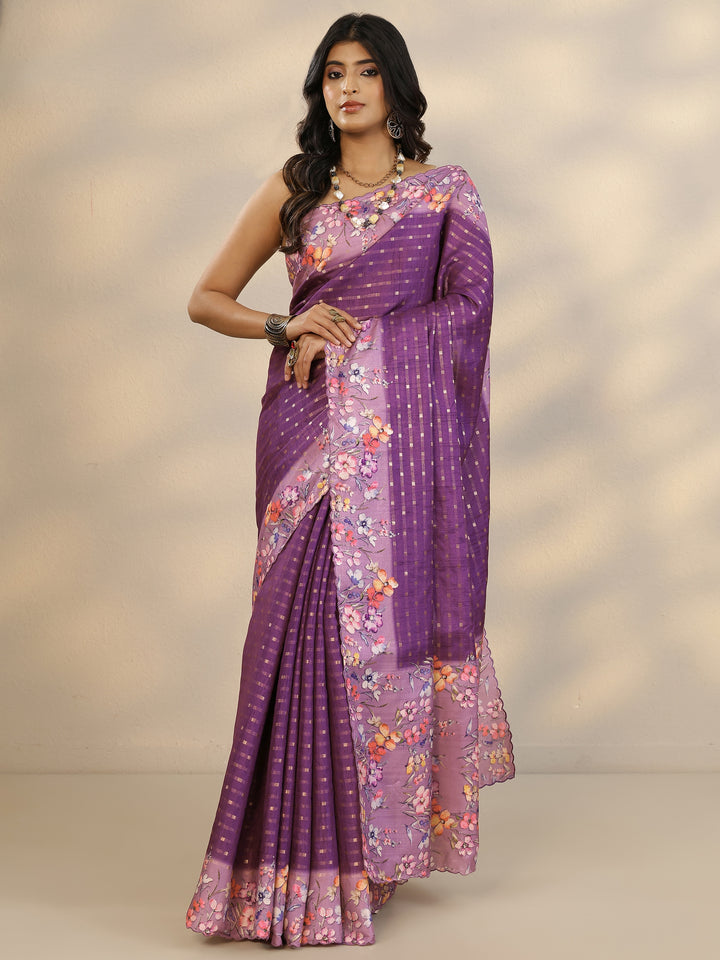Purple Woven Design Silk Blend Saree With Unstitched Blouse Piece