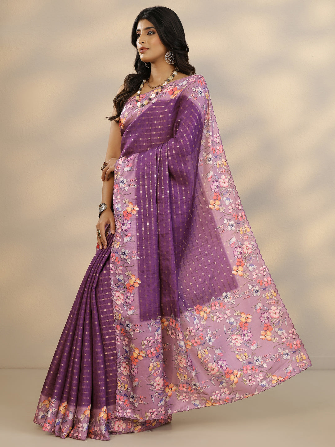Purple Woven Design Silk Blend Saree With Unstitched Blouse Piece