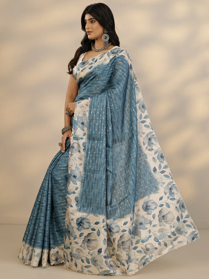 Blue Woven Design Silk Blend Saree With Unstitched Blouse Piece