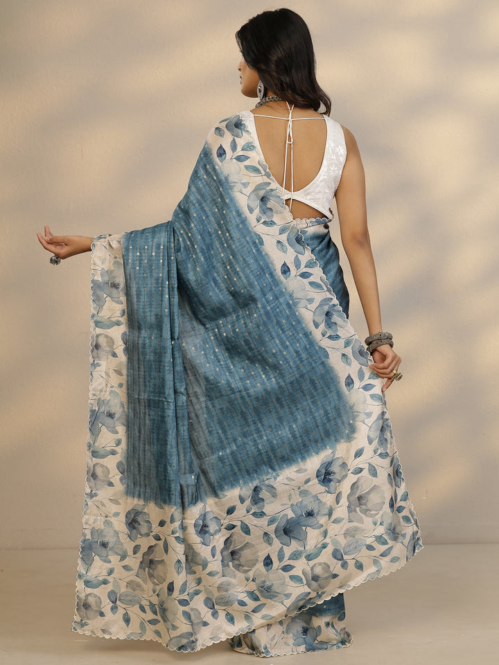 Blue Woven Design Silk Blend Saree With Unstitched Blouse Piece