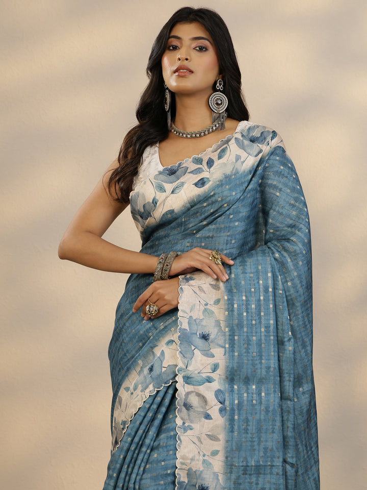Blue Woven Design Silk Blend Saree With Unstitched Blouse Piece