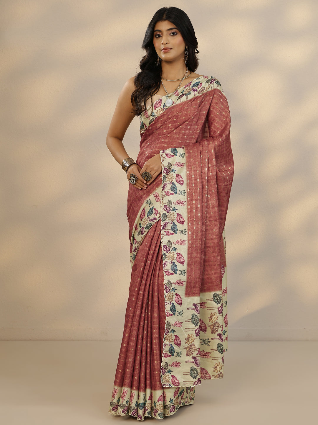 Brown Woven Design Silk Blend Saree With Unstitched Blouse Piece