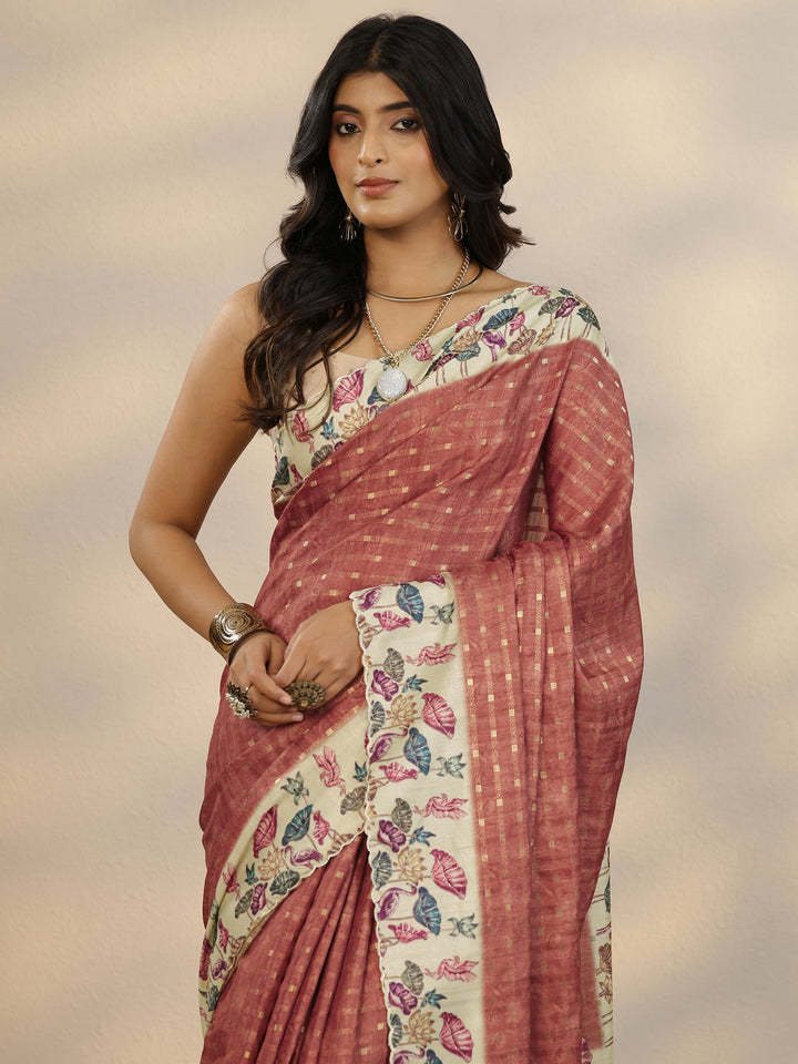 Brown Woven Design Silk Blend Saree With Unstitched Blouse Piece