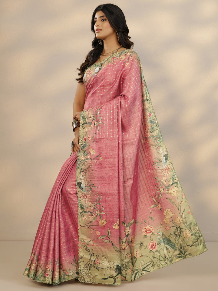 Pink Woven Design Silk Blend Saree With Unstitched Blouse Piece