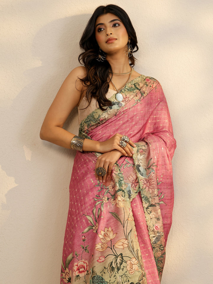 Pink Woven Design Silk Blend Saree With Unstitched Blouse Piece