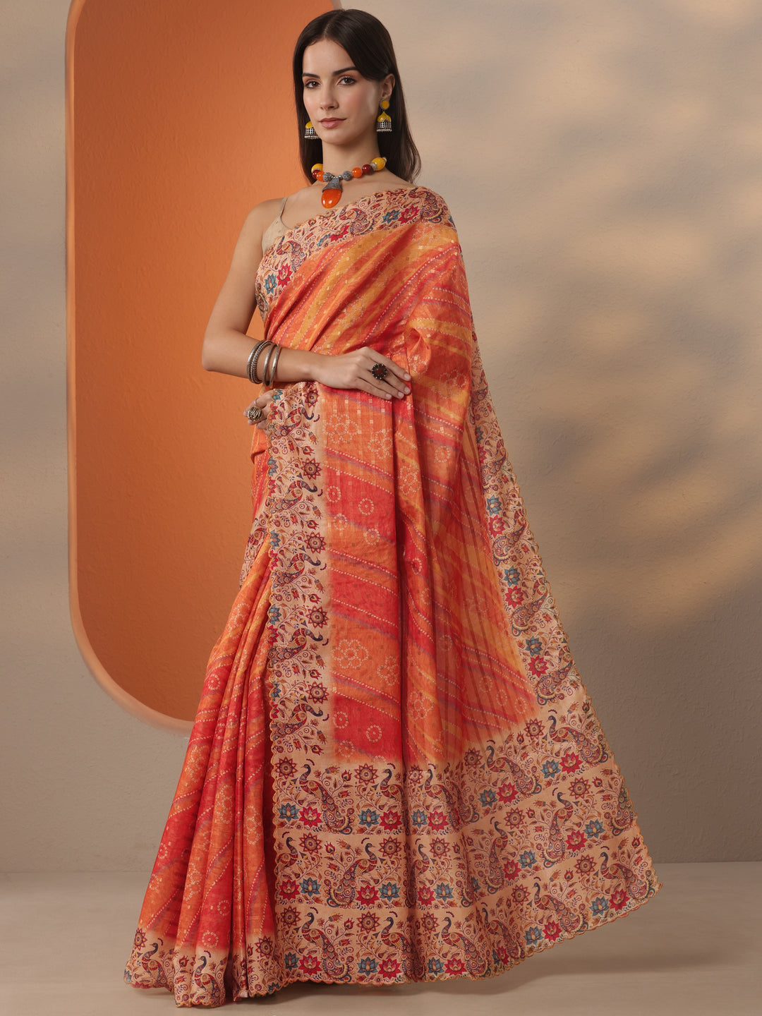 Orange Bandhani Woven Design Silk Blend Saree With Unstitched Blouse Piece