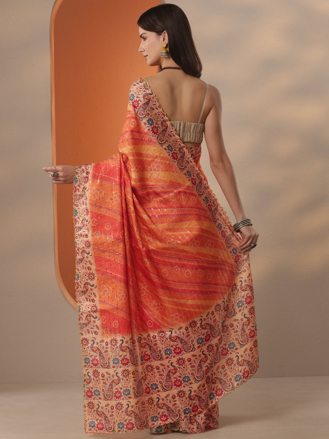 Orange Bandhani Woven Design Silk Blend Saree With Unstitched Blouse Piece