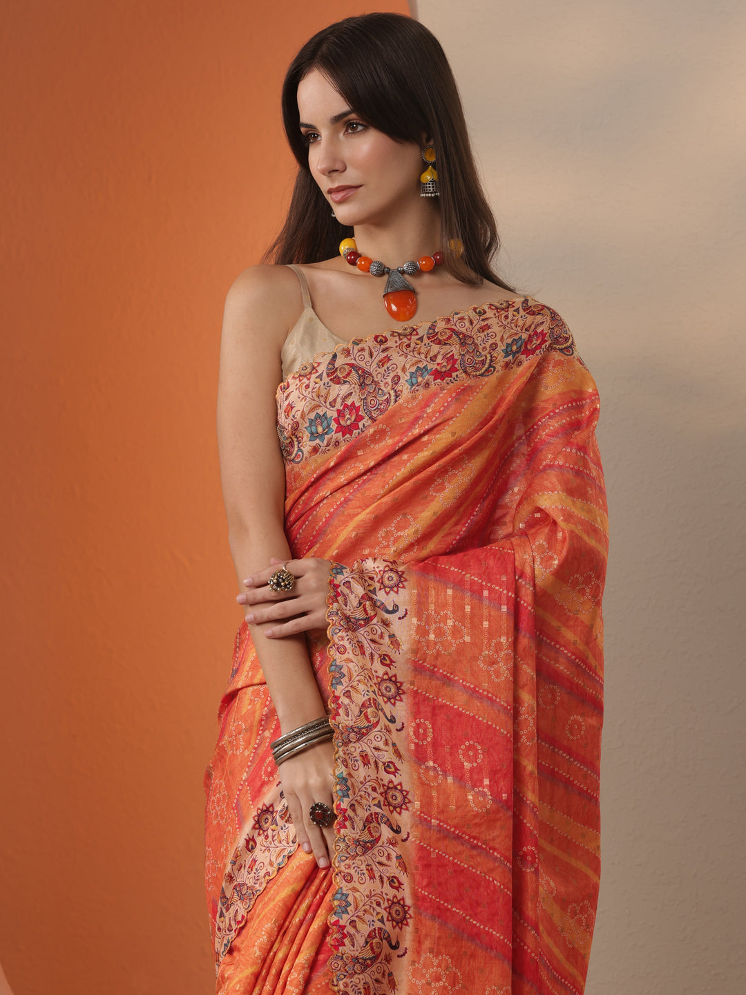 Orange Bandhani Woven Design Silk Blend Saree With Unstitched Blouse Piece