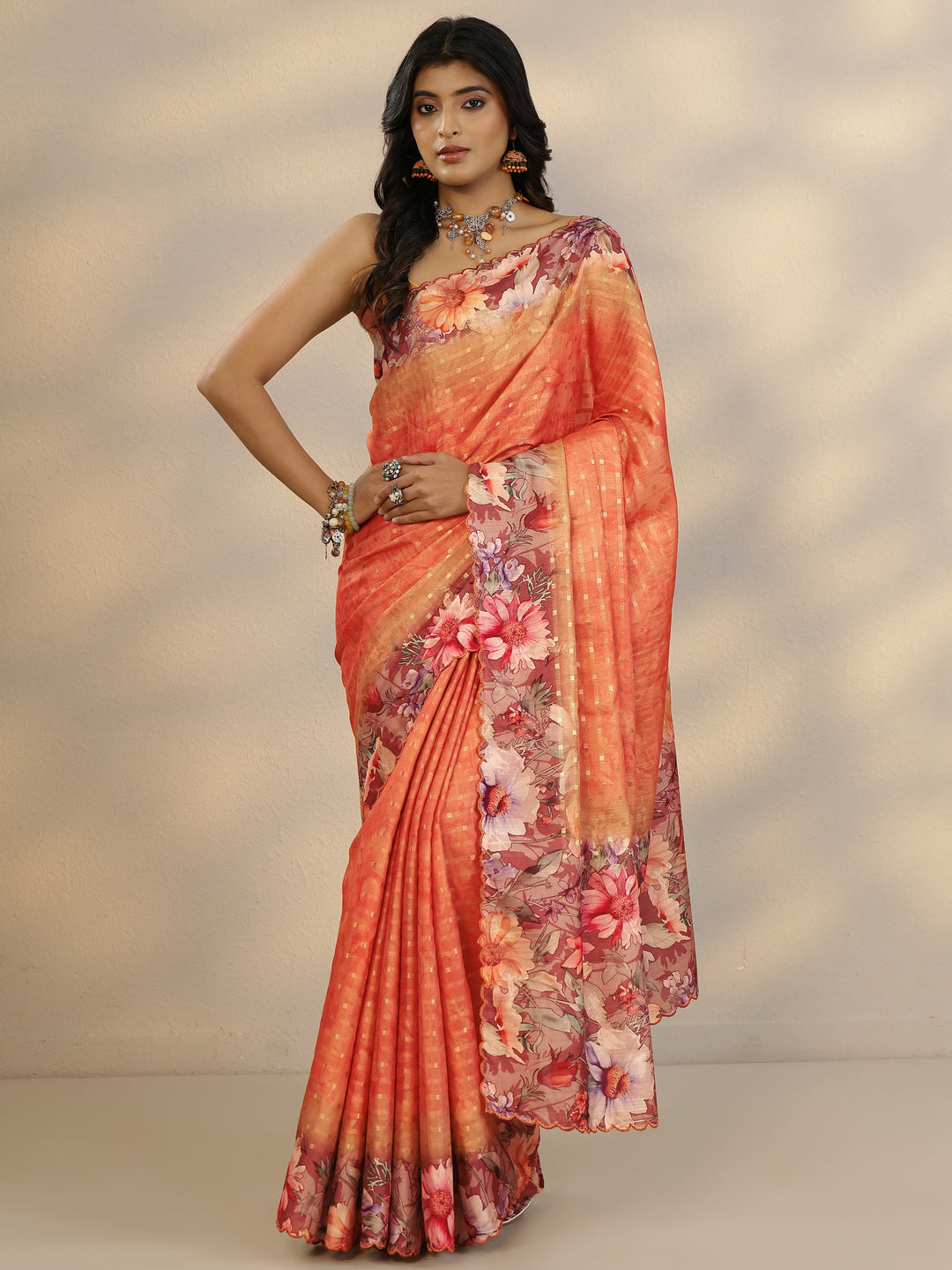 Coral Woven Design Silk Blend Saree With Unstitched Blouse Piece