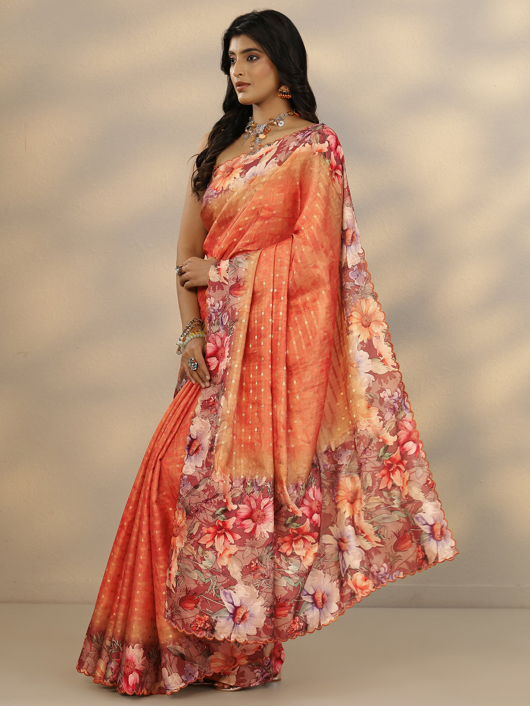 Coral Woven Design Silk Blend Saree With Unstitched Blouse Piece